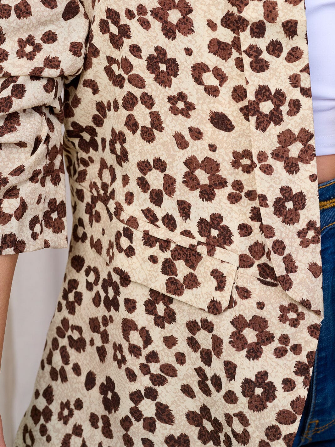 WOMEN'S 3/4 SLEEVE OPEN FRONT POCKETS FLOWER PRINT BLAZER