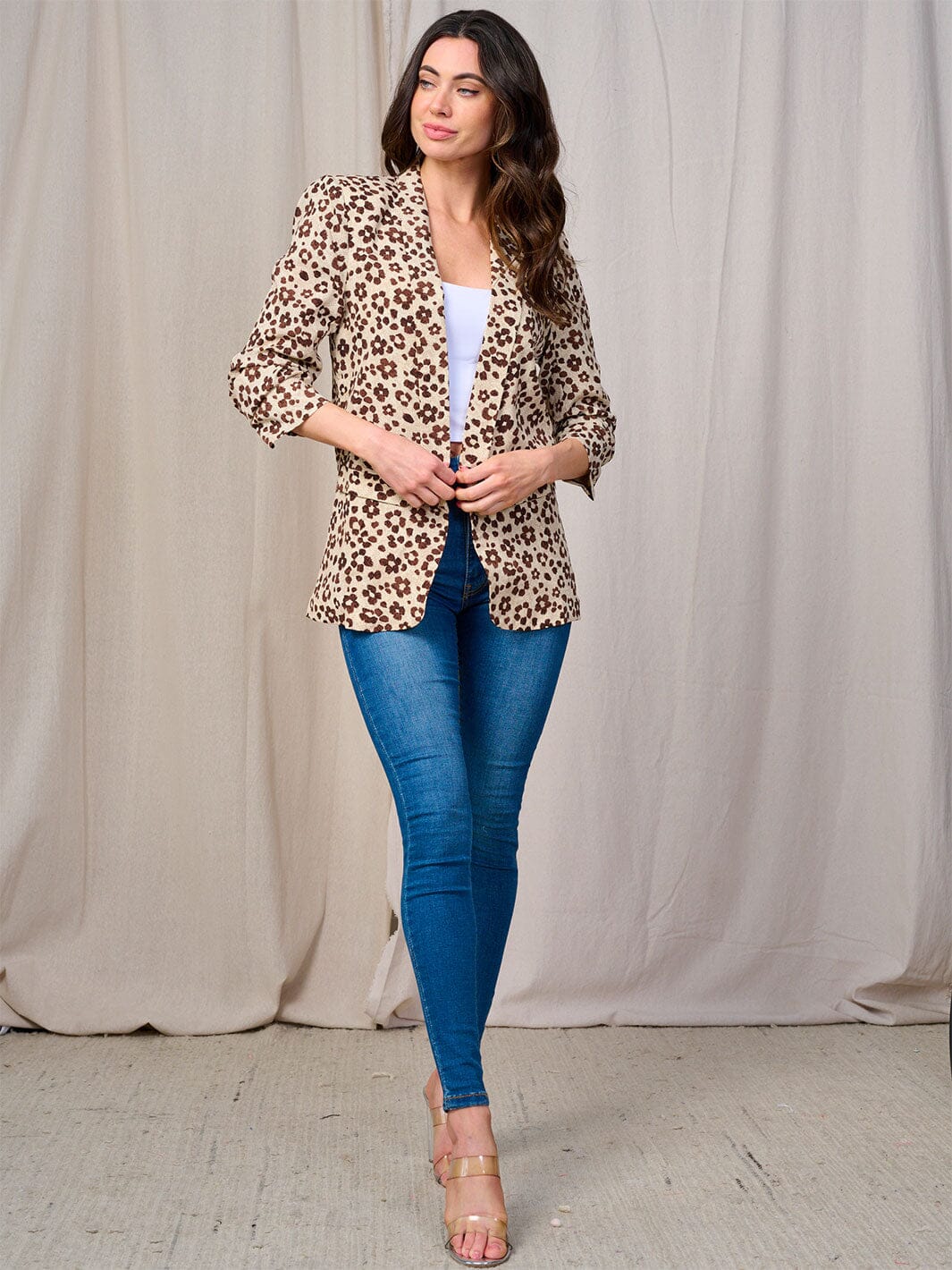 WOMEN'S 3/4 SLEEVE OPEN FRONT POCKETS FLOWER PRINT BLAZER
