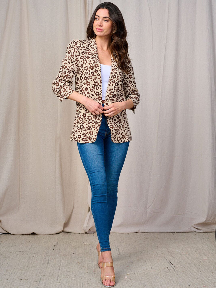 WOMEN'S 3/4 SLEEVE OPEN FRONT POCKETS FLOWER PRINT BLAZER