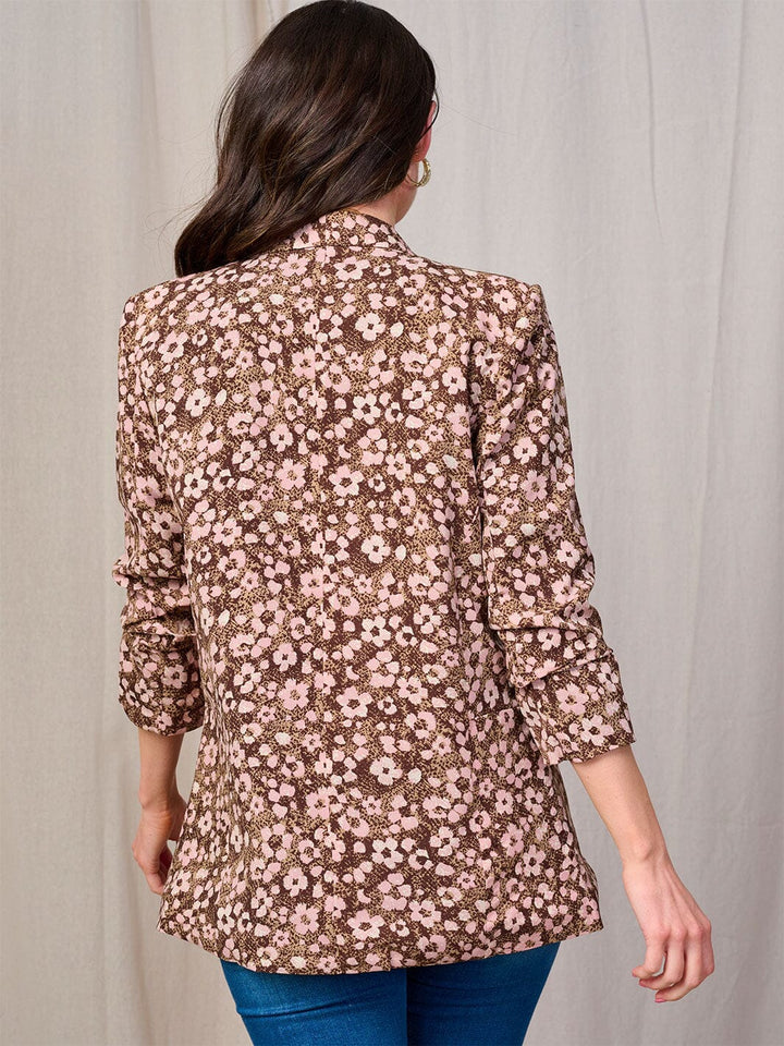 WOMEN'S 3/4 SLEEVE OPEN FRONT POCKETS FLOWER PRINT BLAZER