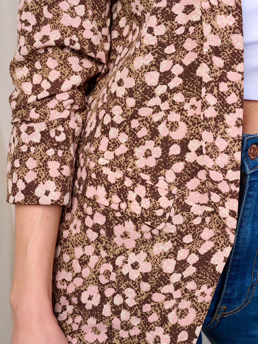 WOMEN'S 3/4 SLEEVE OPEN FRONT POCKETS FLOWER PRINT BLAZER