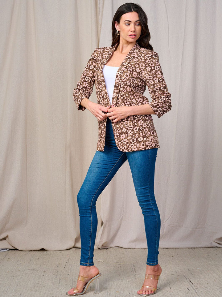 WOMEN'S 3/4 SLEEVE OPEN FRONT POCKETS FLOWER PRINT BLAZER