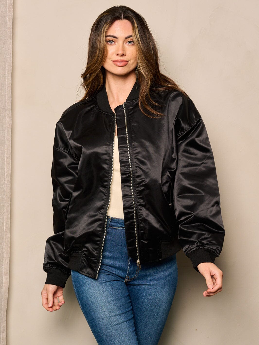 WOMEN'S LONG SLEEVE ZIP UP POCKETS SATIN BOMBER JACKET