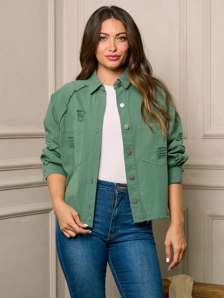 WOMEN'S LONG SLEEVE BUTTON CLOSURE DISTRESS DETAILED DENIM JACKET