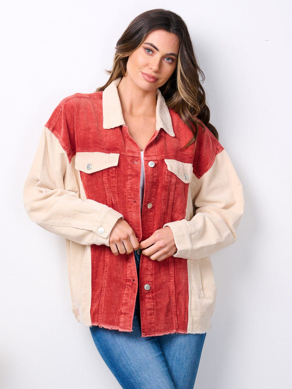 WOMEN'S LONG SLEEVE BUTTON UP COLORBLOCK CORDUROY JACKET
