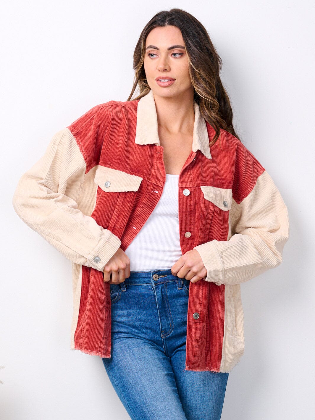 WOMEN'S LONG SLEEVE BUTTON UP COLORBLOCK CORDUROY JACKET