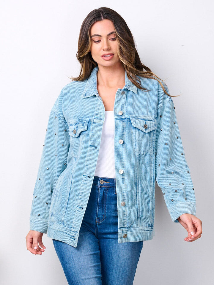 WOMEN'S LONG SLEEVE BUTTON CLOSURE STUDS DETAILED CORDUROY JACKET