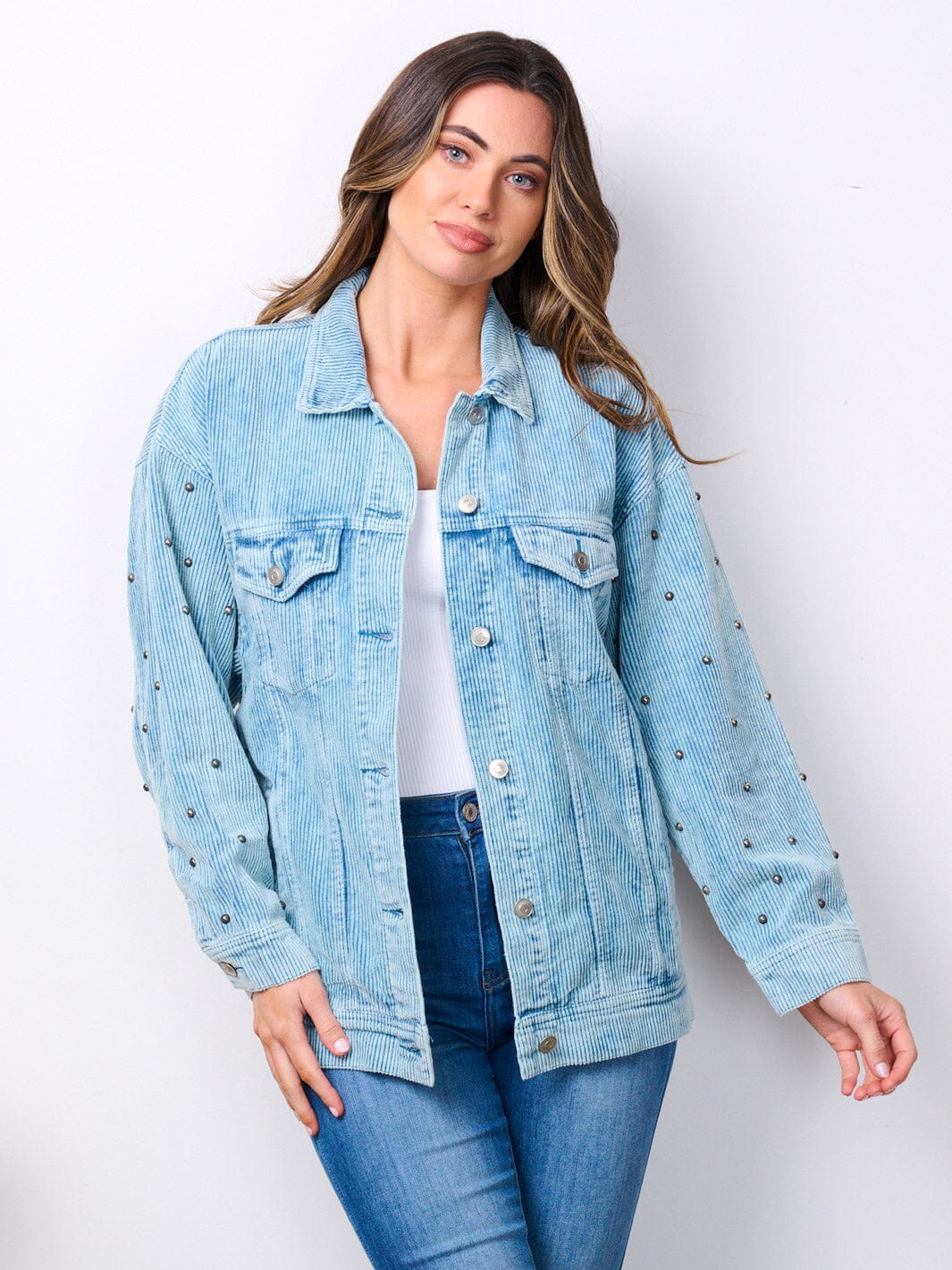 WOMEN'S LONG SLEEVE BUTTON CLOSURE STUDS DETAILED CORDUROY JACKET