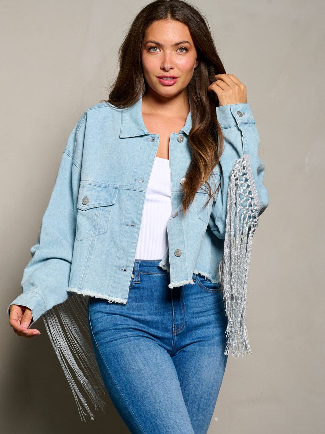 WOMEN'S LONG SLEEVE BUTTON CLOSURE BRIDE GRAPHIC DENIM JACKET