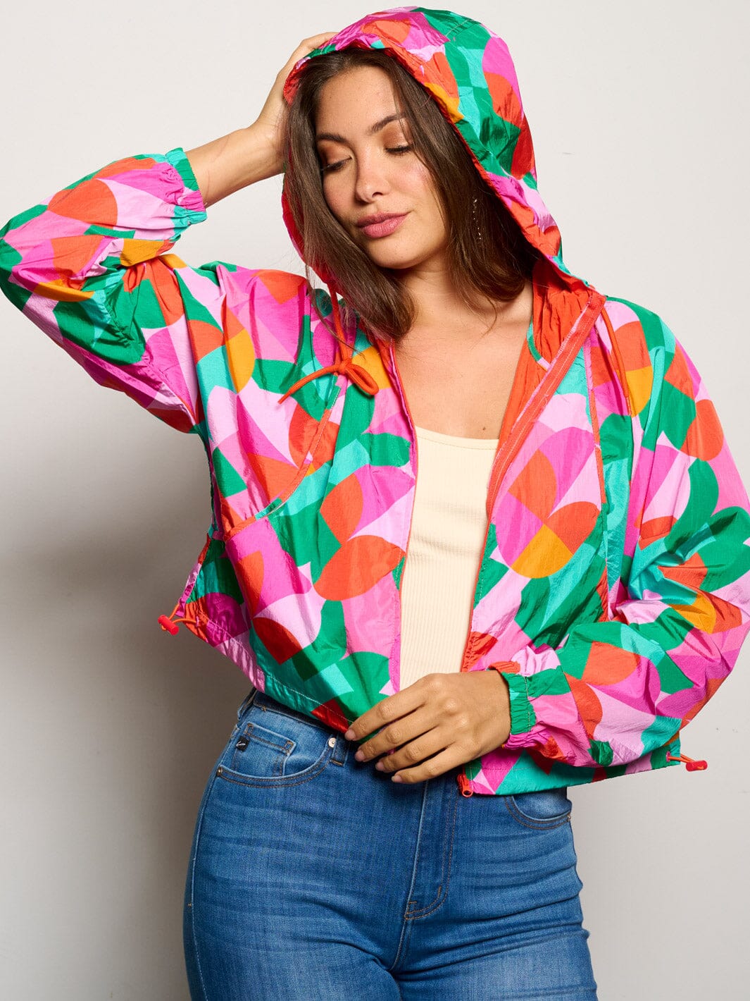 WOMEN'S LONG SLEEVE ZIP UP HOODED POCKETS MULTI PRINT JACKET