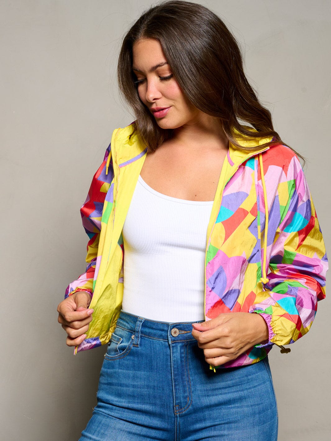 WOMEN'S LONG SLEEVE ZIP UP HOODED MULTI PRINT JACKET
