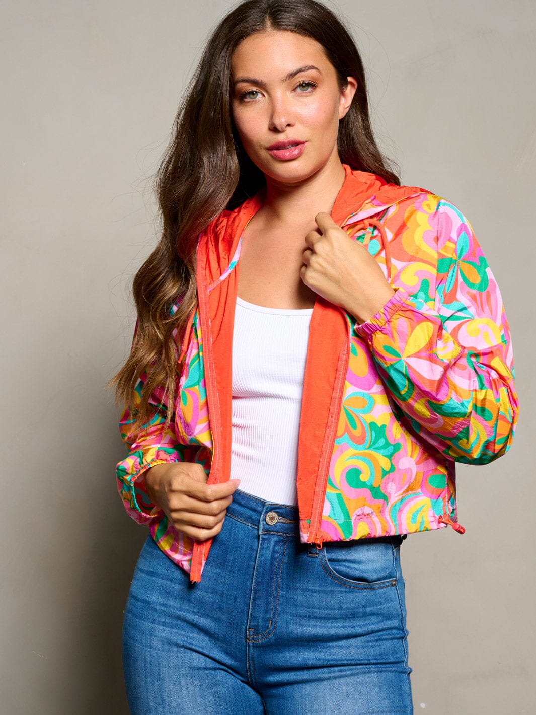WOMEN'S LONG SLEEVE ZIP UP HOODED MULTI PRINT JACKET 4