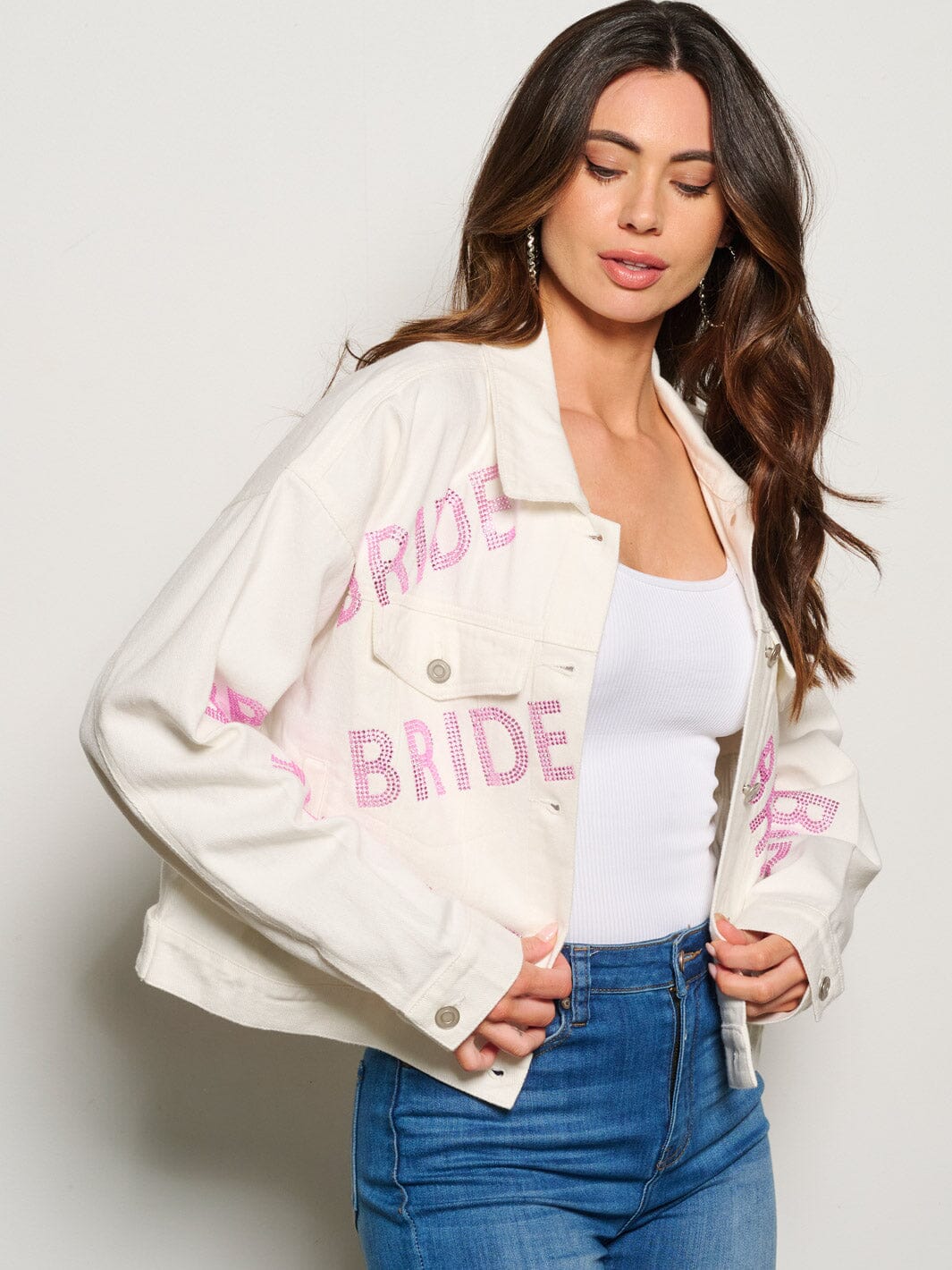 WOMEN'S LONG SLEEVE BUTTON CLOSURE STUDS BRIDE DENIM JACKET