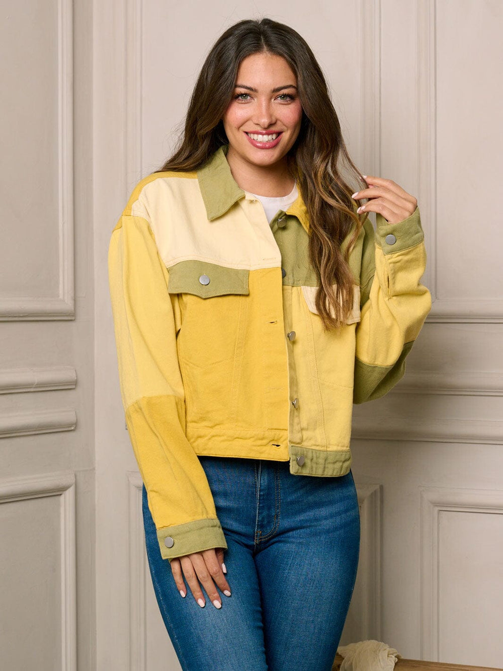 WOMEN'S LONG SLEEVE BUTTON UP COLORBLOCK DENIM JACKET