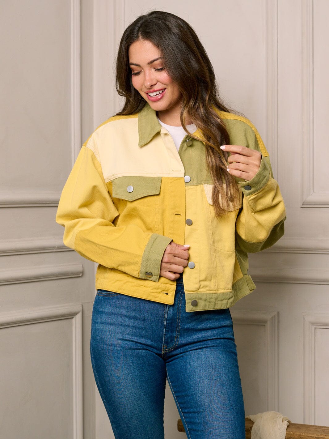 WOMEN'S LONG SLEEVE BUTTON UP COLORBLOCK DENIM JACKET