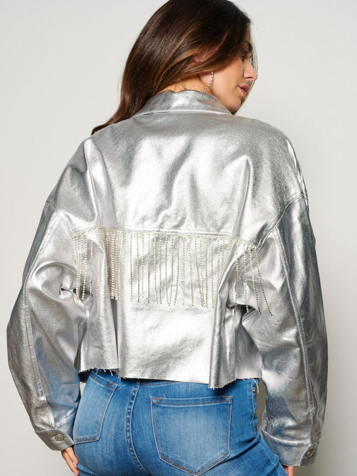 WOMEN'S LONG SLEEVE BUTTON CLOSURE STUDS FRINGE METALLIC JACKET