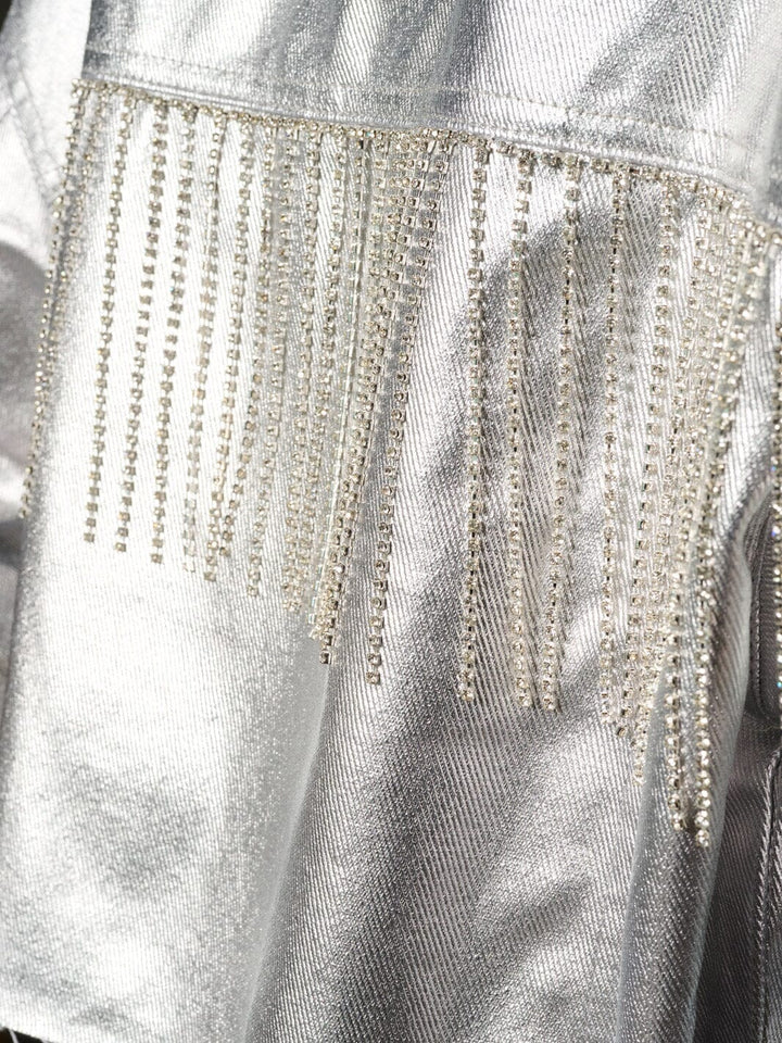 WOMEN'S LONG SLEEVE BUTTON CLOSURE STUDS FRINGE METALLIC JACKET