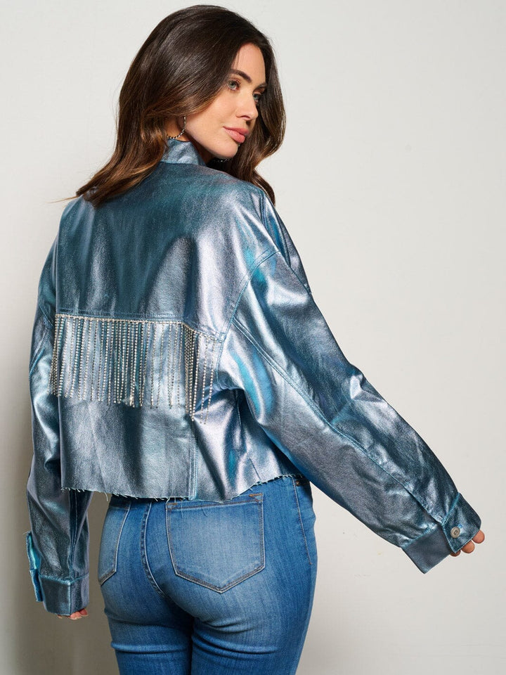 WOMEN'S LONG SLEEVE BUTTON CLOSURE STUDS FRINGE METALLIC JACKET