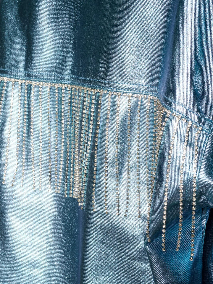 WOMEN'S LONG SLEEVE BUTTON CLOSURE STUDS FRINGE METALLIC JACKET