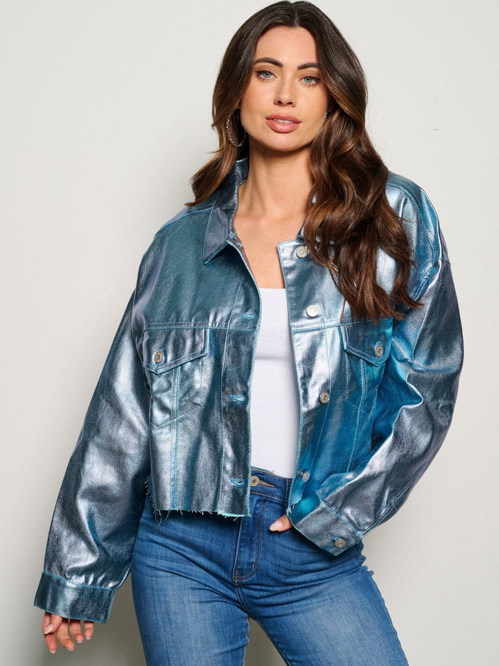 WOMEN'S LONG SLEEVE BUTTON CLOSURE STUDS FRINGE METALLIC JACKET