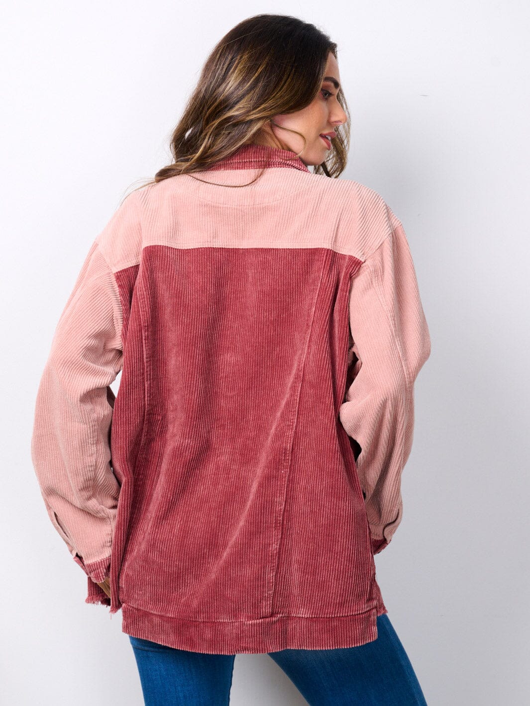 WOMEN'S LONG SLEEVE BUTTON UP COLORBLOCK CORDUROY JACKET