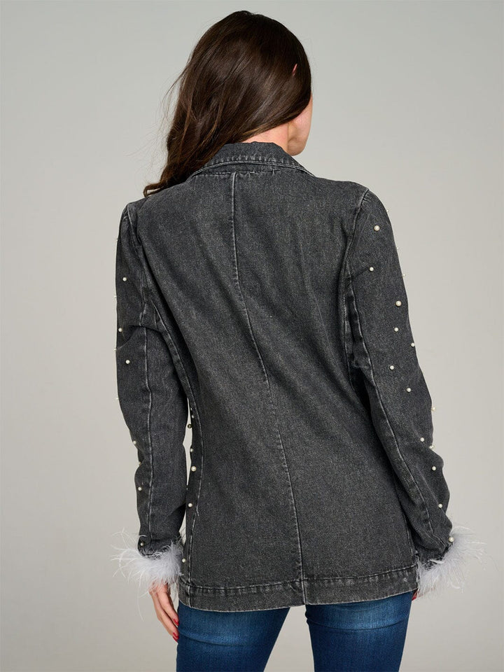 WOMEN'S LONG SLEEVE BUTTON CLOSURE FRONT POCKET PEARL DENIM JACKET