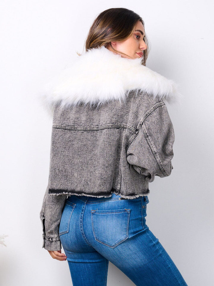 WOMEN'S LONG SLEEVE BUTTON CLOSURE REMOVABLE COLLAR DENIM JACKET