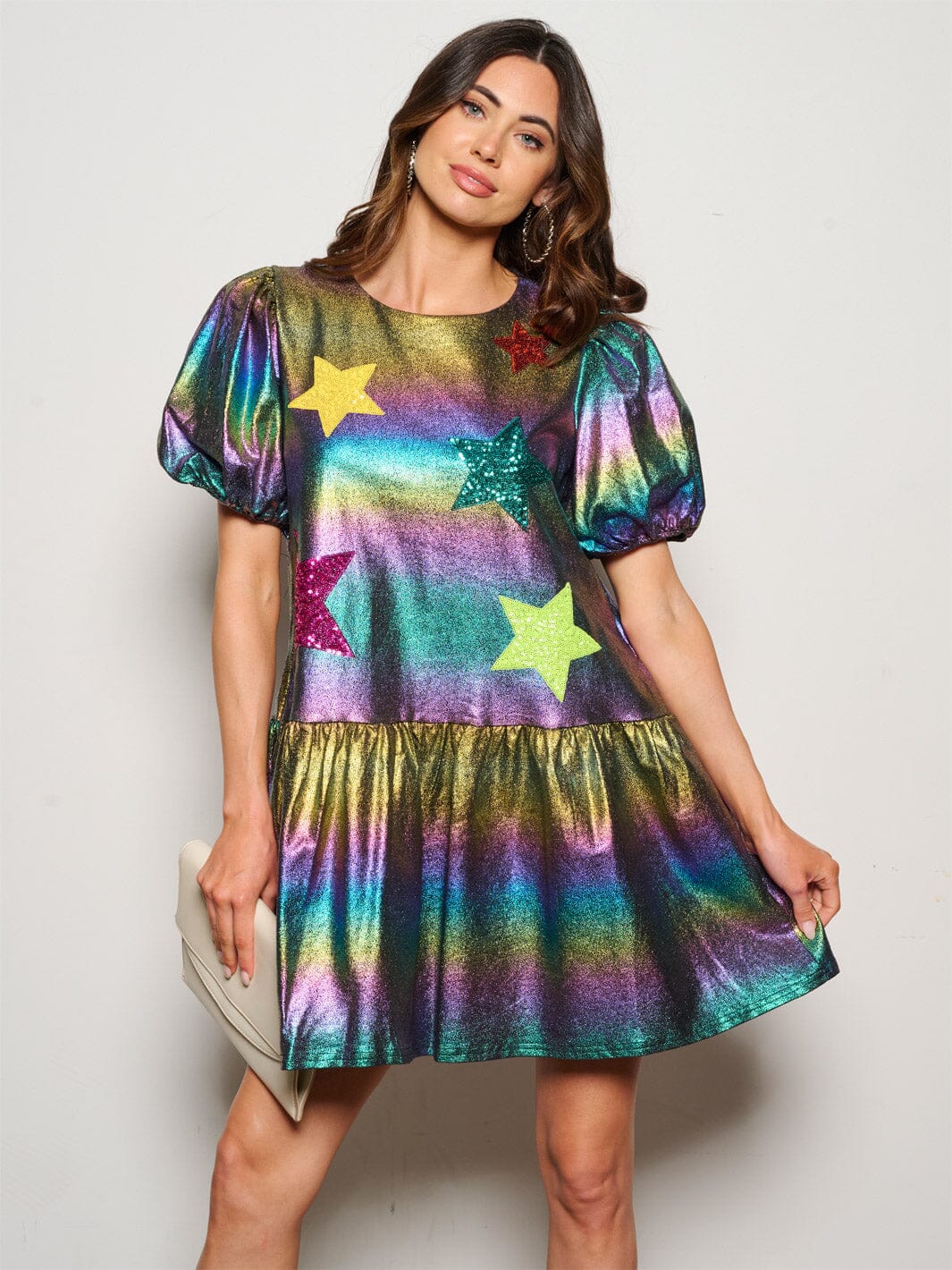 WOMEN'S SHORT SLEEVE POCKETS TIERED SEQUINS METALLIC GRAPHIC MINI DRESS