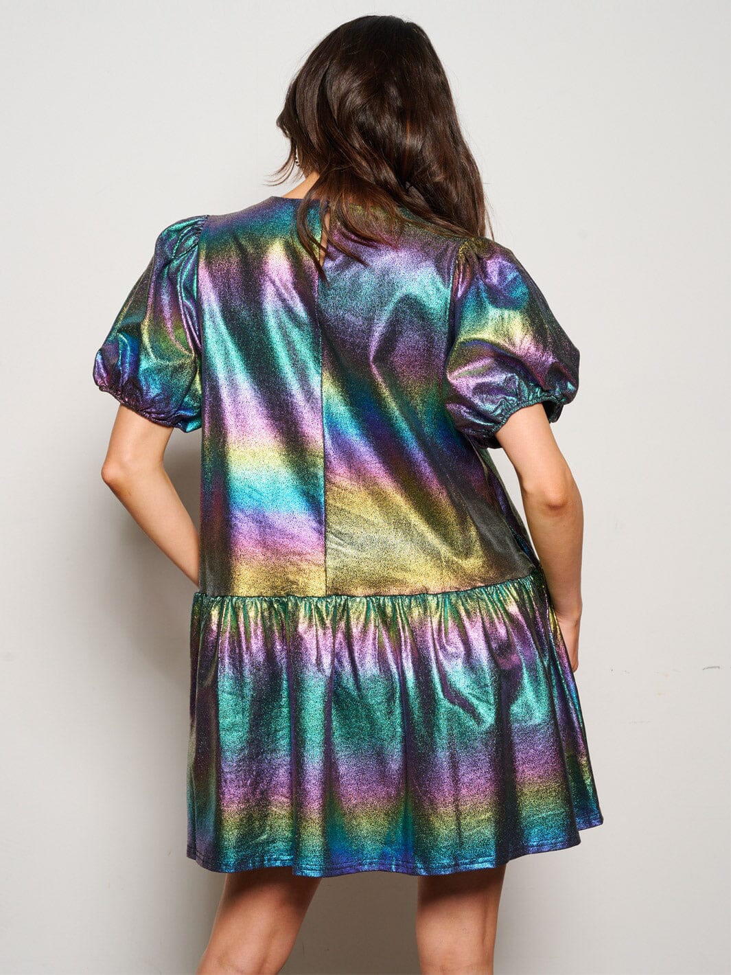 WOMEN'S SHORT SLEEVE POCKETS TIERED SEQUINS METALLIC GRAPHIC MINI DRESS