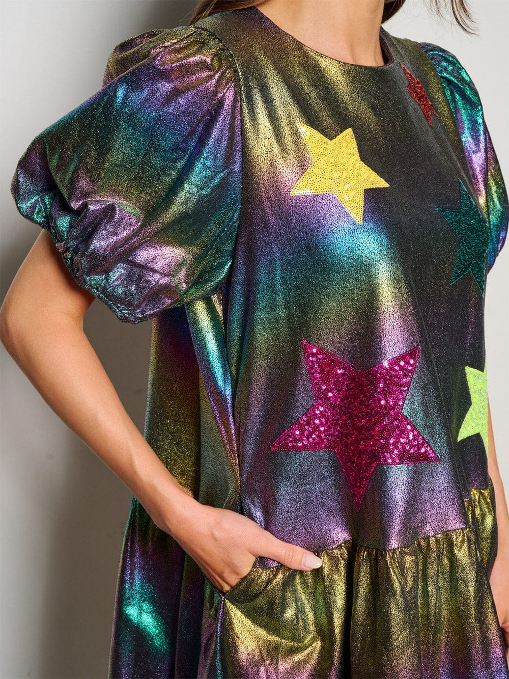 WOMEN'S SHORT SLEEVE POCKETS TIERED SEQUINS METALLIC GRAPHIC MINI DRESS