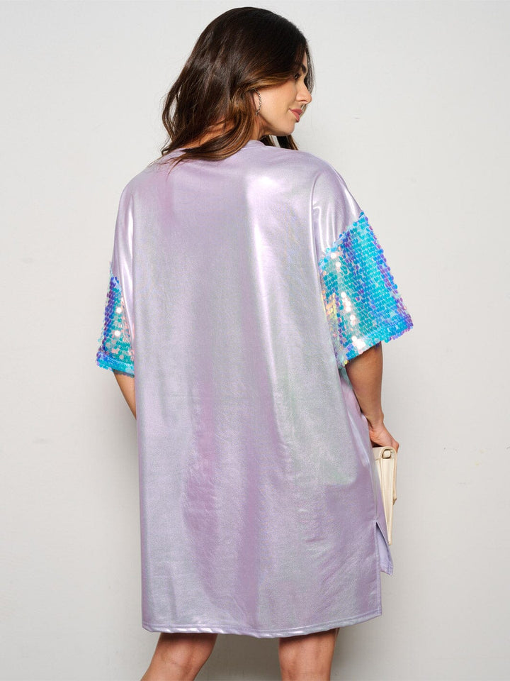 WOMEN'S SHORT SEQUINS SLEEVE METALLIC GRAPHIC MINI DRESS