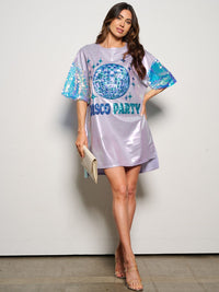 WOMEN'S SHORT SEQUINS SLEEVE METALLIC GRAPHIC MINI DRESS