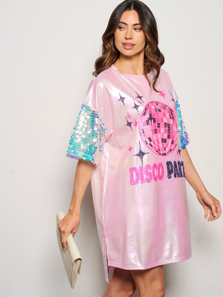 WOMEN'S SHORT SEQUINS SLEEVE METALLIC GRAPHIC MINI DRESS