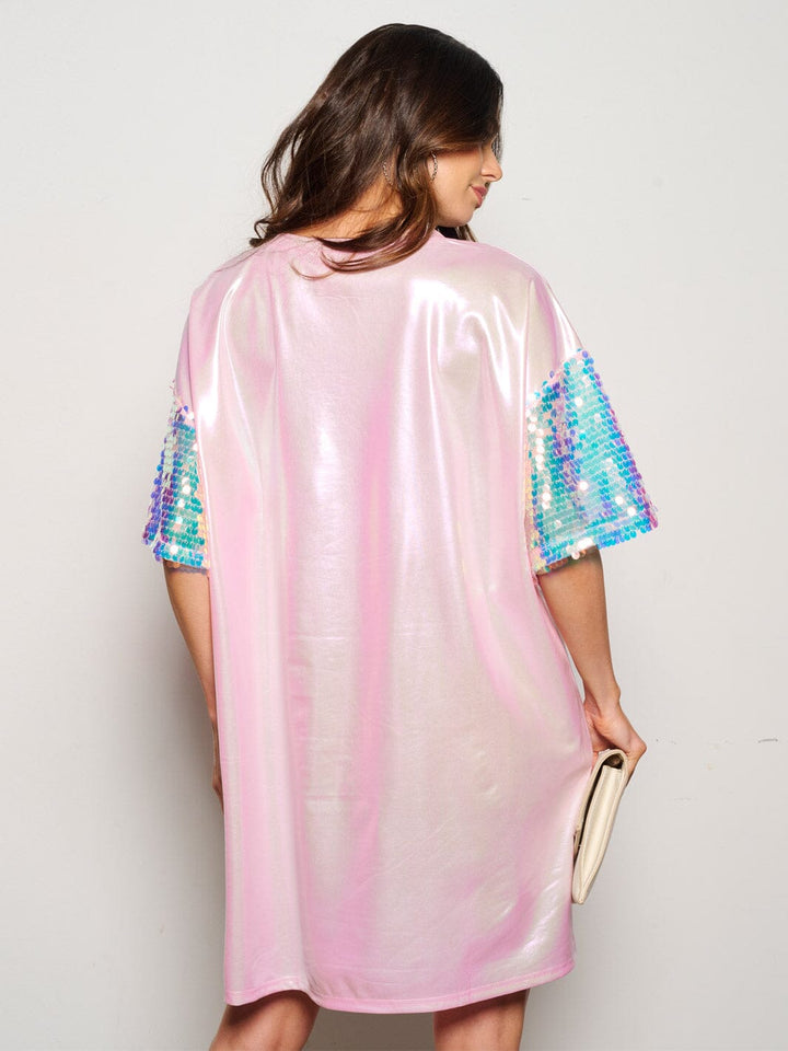 WOMEN'S SHORT SEQUINS SLEEVE METALLIC GRAPHIC MINI DRESS