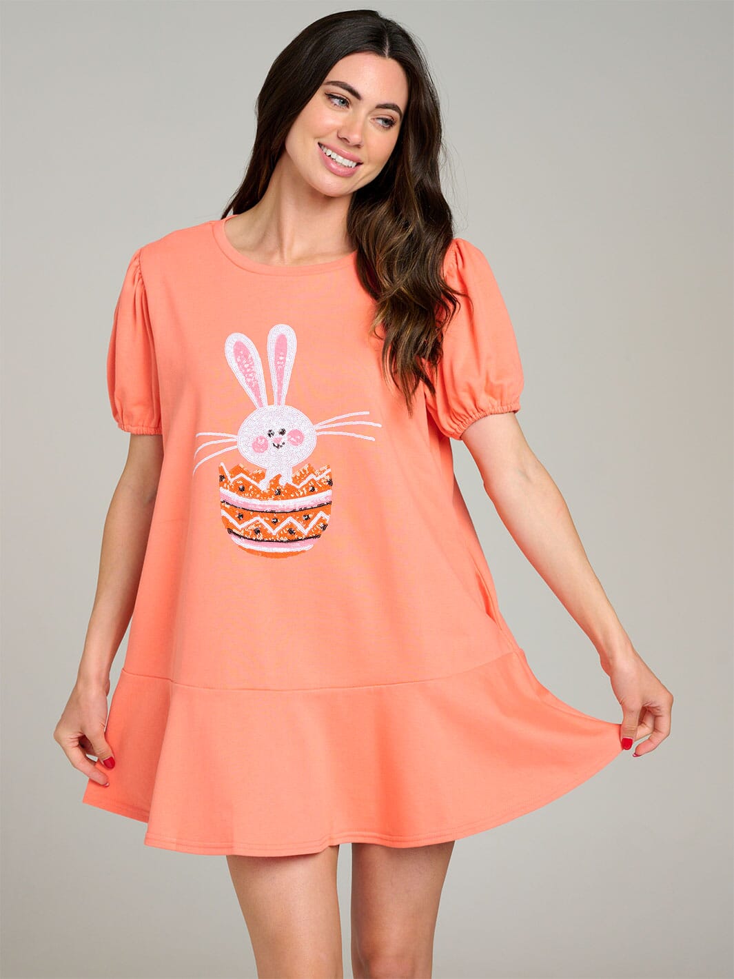 WOMEN'S SHORT PUFF SLEEVE RUFFLE BOTTOM HEM GRAPHIC MINI DRESS