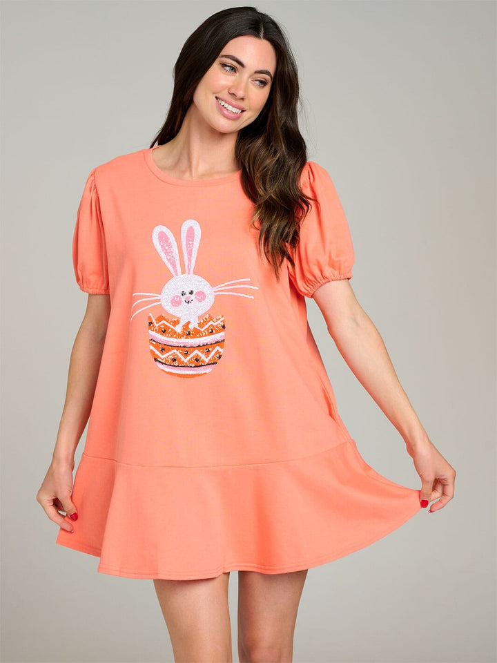 WOMEN'S SHORT PUFF SLEEVE RUFFLE BOTTOM HEM GRAPHIC MINI DRESS