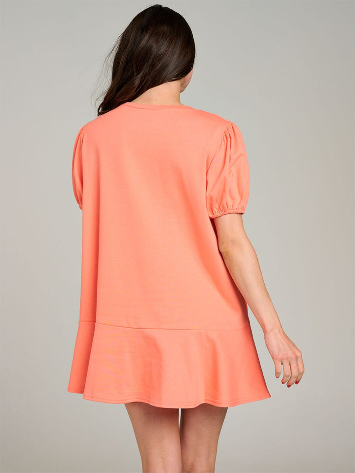 WOMEN'S SHORT PUFF SLEEVE RUFFLE BOTTOM HEM GRAPHIC MINI DRESS