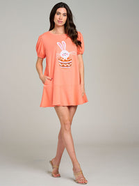 WOMEN'S SHORT PUFF SLEEVE RUFFLE BOTTOM HEM GRAPHIC MINI DRESS