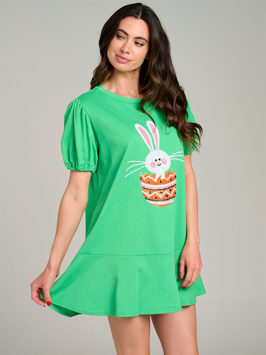 WOMEN'S SHORT PUFF SLEEVE RUFFLE BOTTOM HEM GRAPHIC MINI DRESS