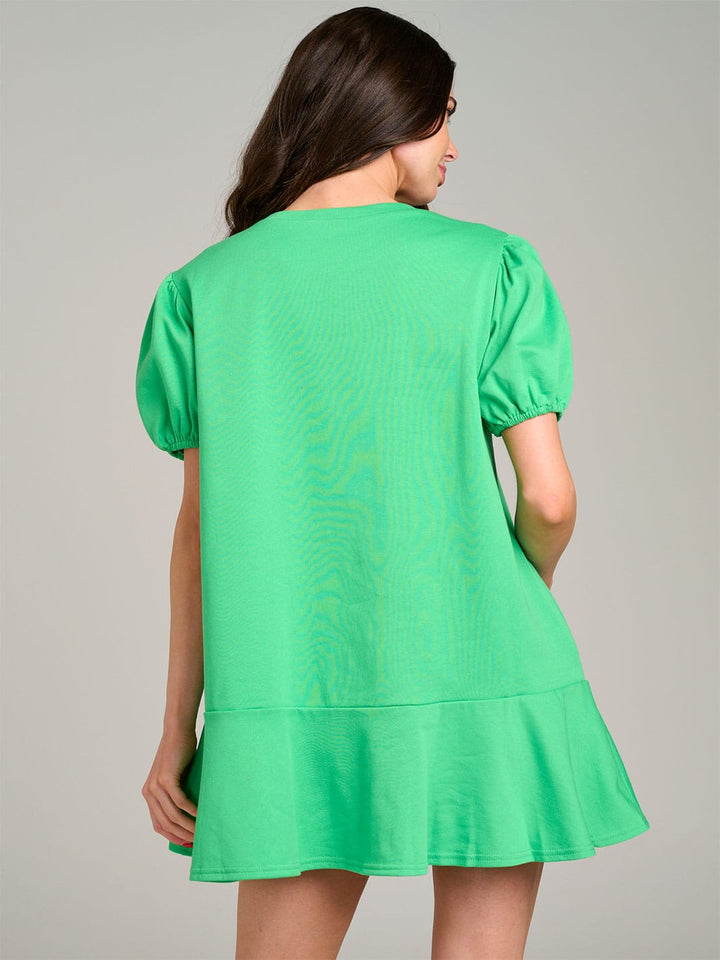 WOMEN'S SHORT PUFF SLEEVE RUFFLE BOTTOM HEM GRAPHIC MINI DRESS