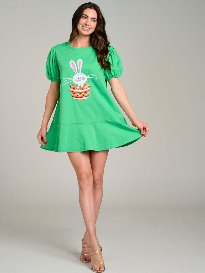 WOMEN'S SHORT PUFF SLEEVE RUFFLE BOTTOM HEM GRAPHIC MINI DRESS