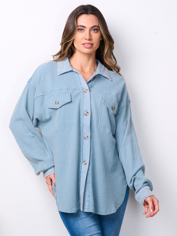 WOMEN'S LONG SLEEVE BUTTON UP RIBBED TOP