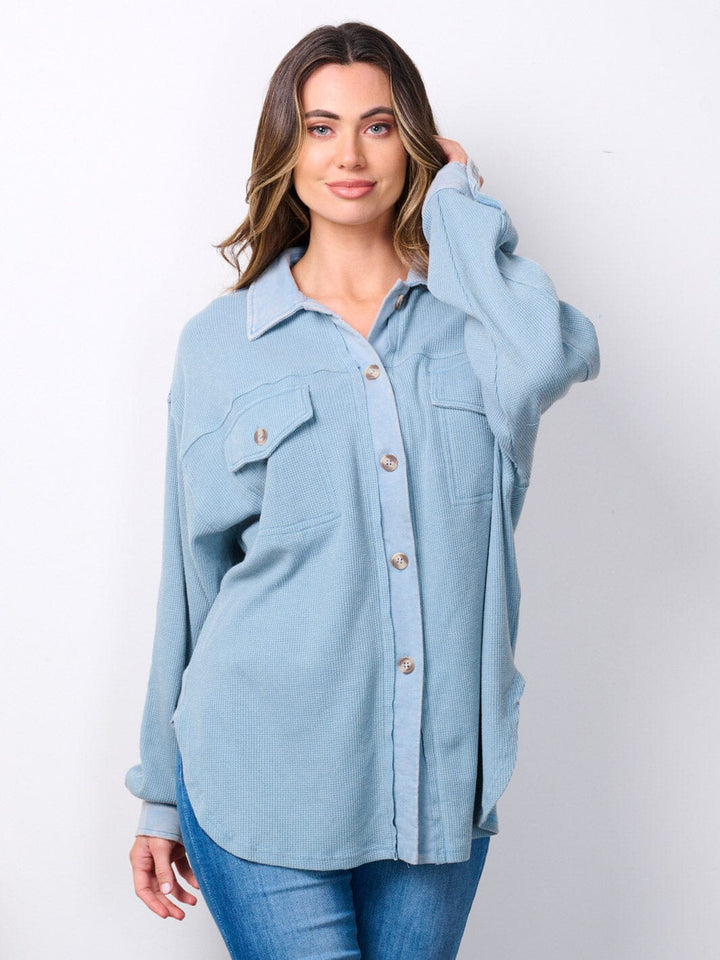 WOMEN'S LONG SLEEVE BUTTON UP RIBBED TOP