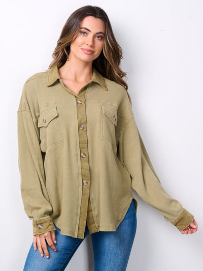 WOMEN'S LONG SLEEVE BUTTON UP RIBBED TOP