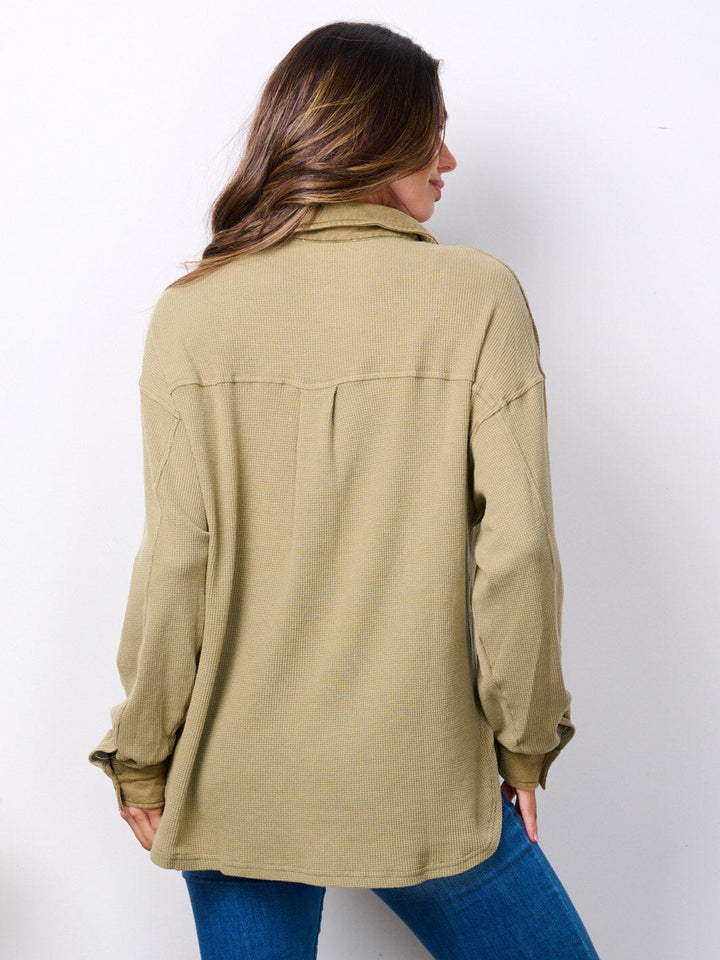 WOMEN'S LONG SLEEVE BUTTON UP RIBBED TOP