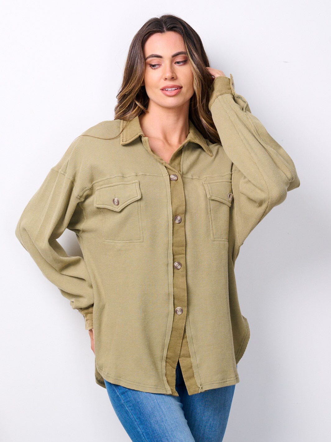 WOMEN'S LONG SLEEVE BUTTON UP RIBBED TOP