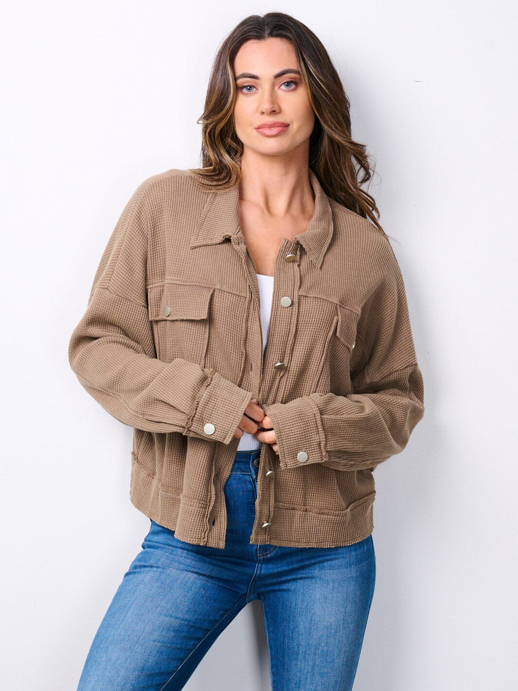 WOMEN'S LONG SLEEVE BUTTON UP RIBBED JACKET