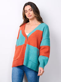 WOMEN'S LONG SLEEVE BUTTON UP POCKETS COLORBLOCK CARDIGAN