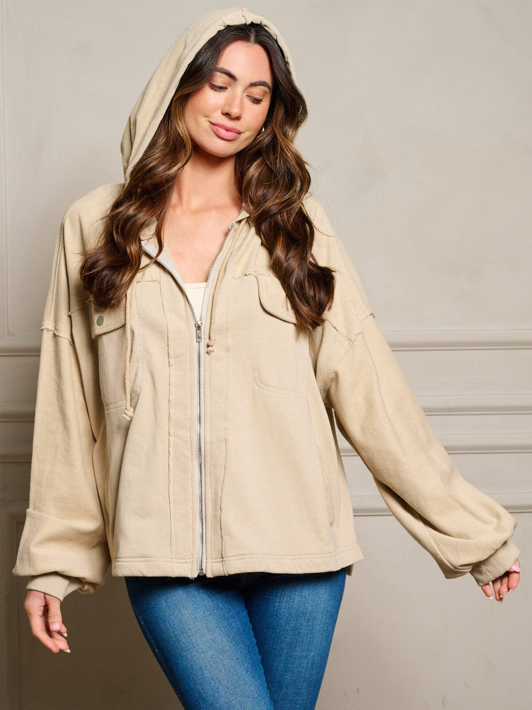 WOMEN'S LONG SLEEVE POCKETS ZIP UP HOODED JACKET