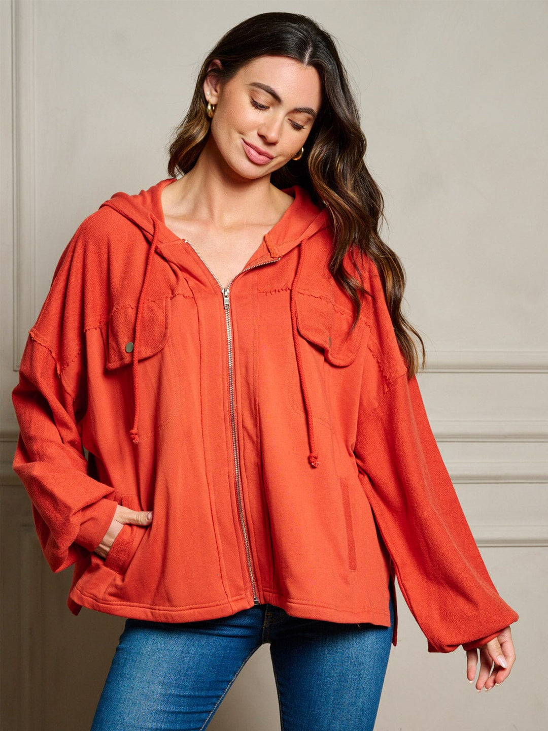 WOMEN'S LONG SLEEVE POCKETS ZIP UP HOODED JACKET